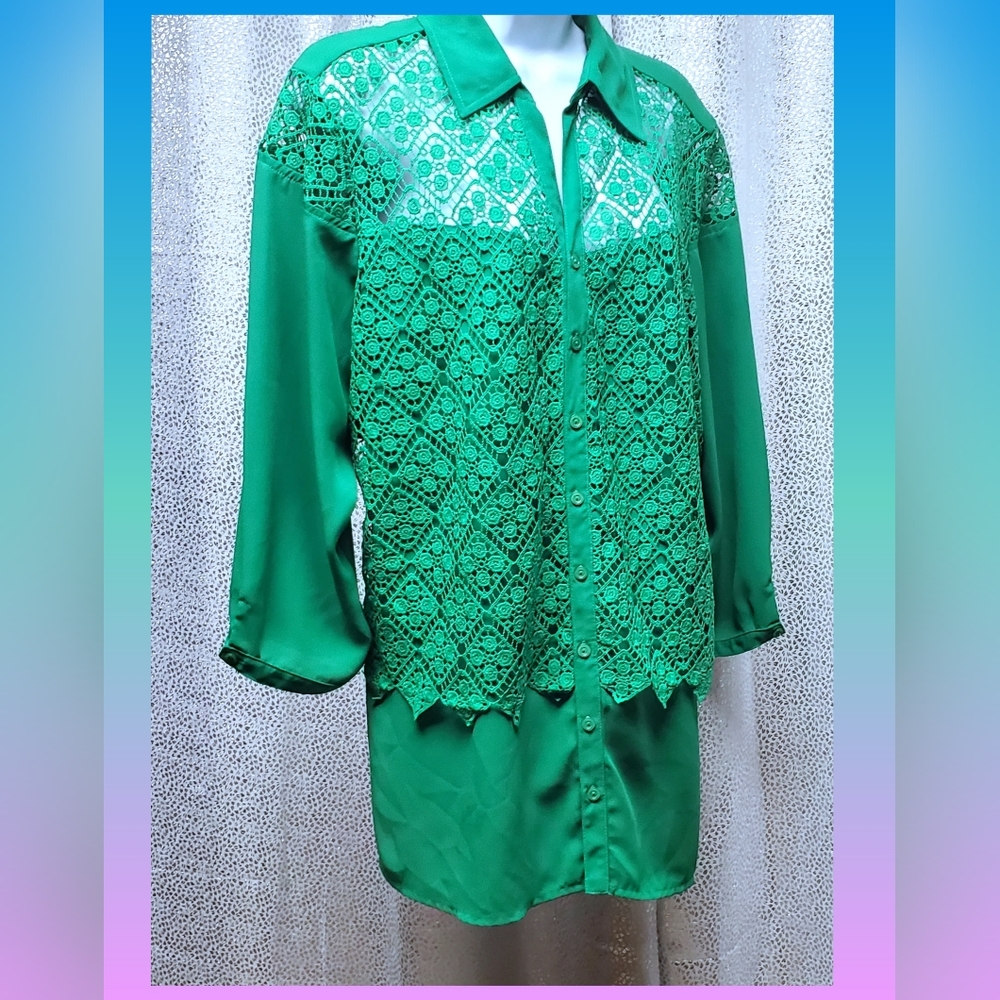 Vintage  Mint Green Lace Overlay Button Down Blouse
